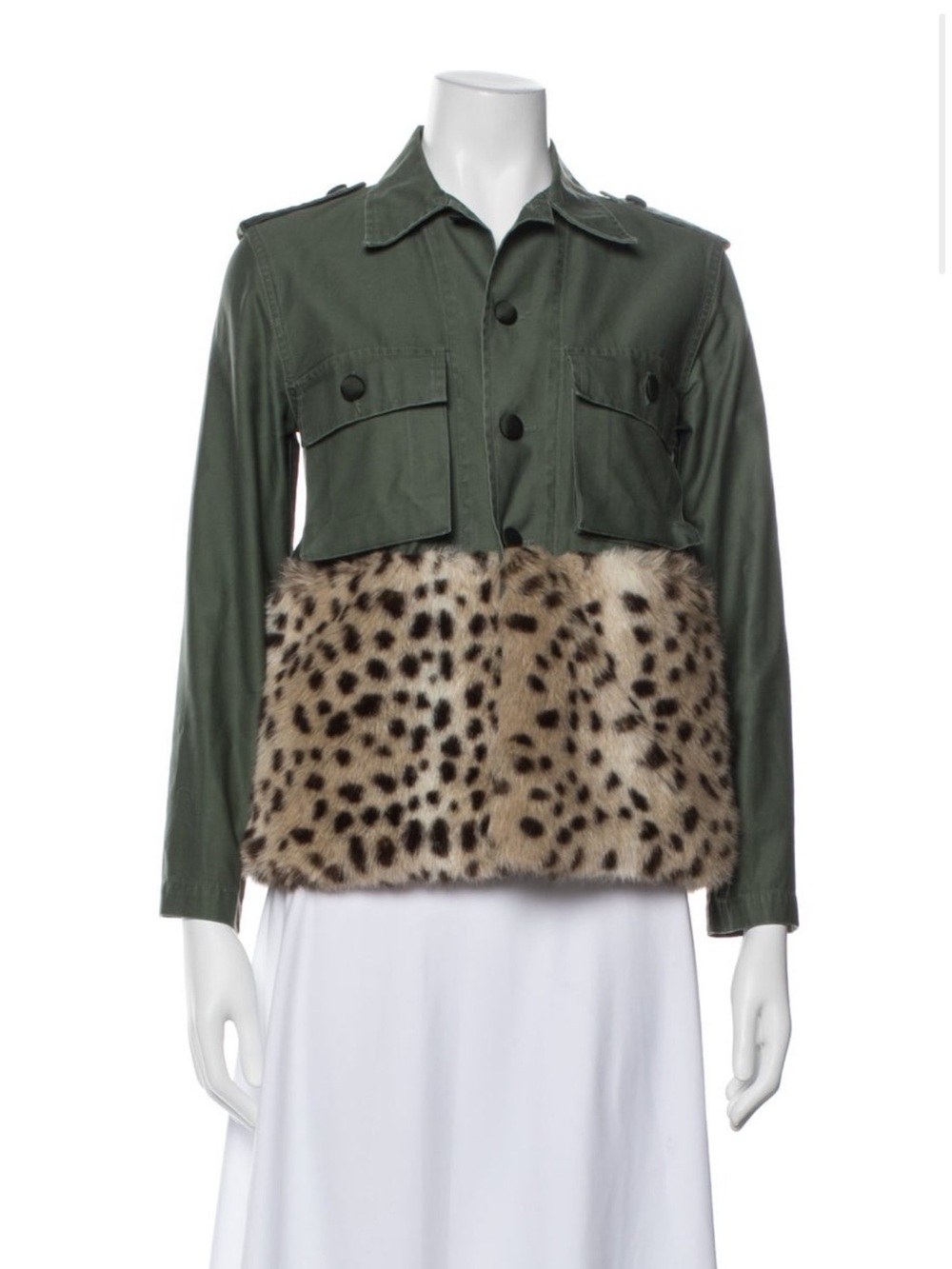 Harvey Faircloth Olive Green Utility Jacket with Leopard-Print Fur Hem